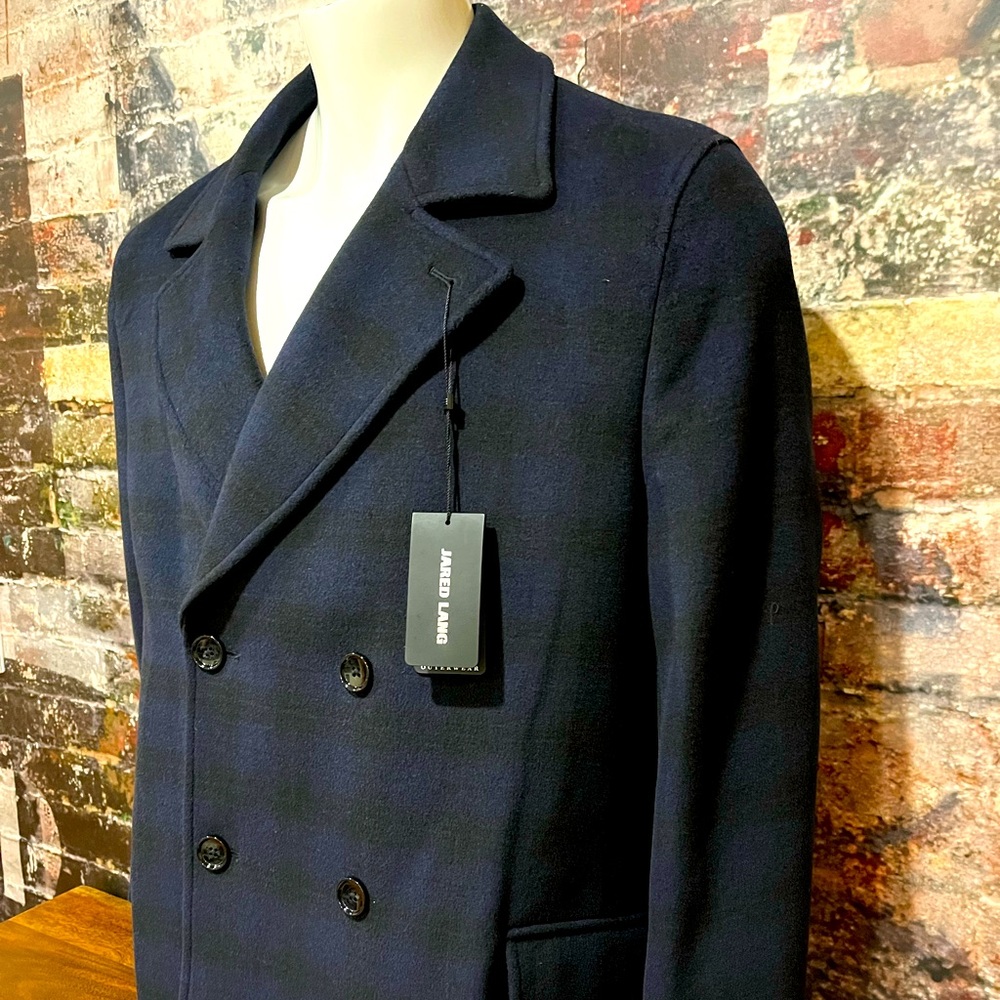 NEW Jared Lang blue and black checkered overcoat - Picture 3 of 13